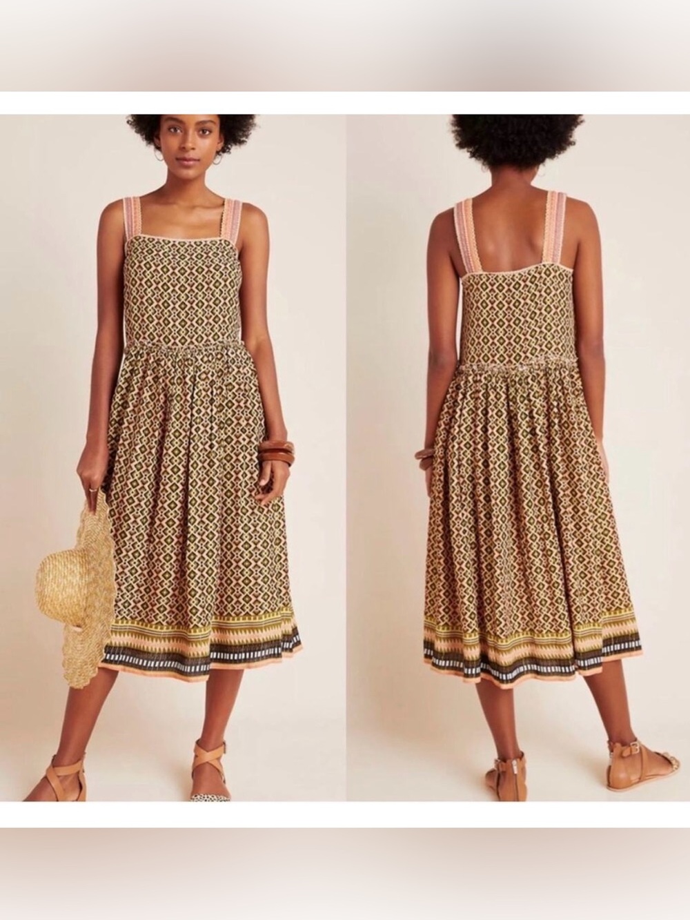 Anthropologie Geometric Midi Dress in Olive & Pink